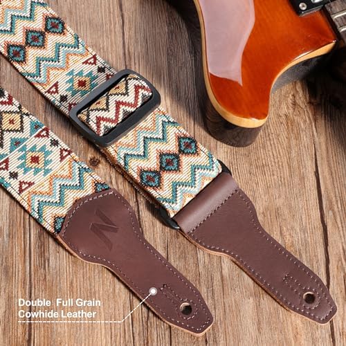 Nefelibata Banjo Strap, 2" Wide Double Full Grain Cowhide Guitar Strap Adjustable Replacement,Multi-pattern Guitar Strap With Headstock Rope and Leather Headband(Boho Yellow)
