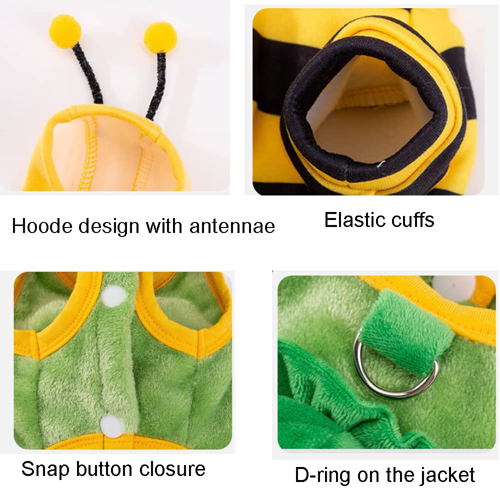 Anelekor 2 PCS Funny Warm Small Dog Clothes Halloween Pet Bee Costume Winter Puppy Hoodies and Vest Sets Flannel Jacket with D-Ring for Cats Dogs (Green, Large)