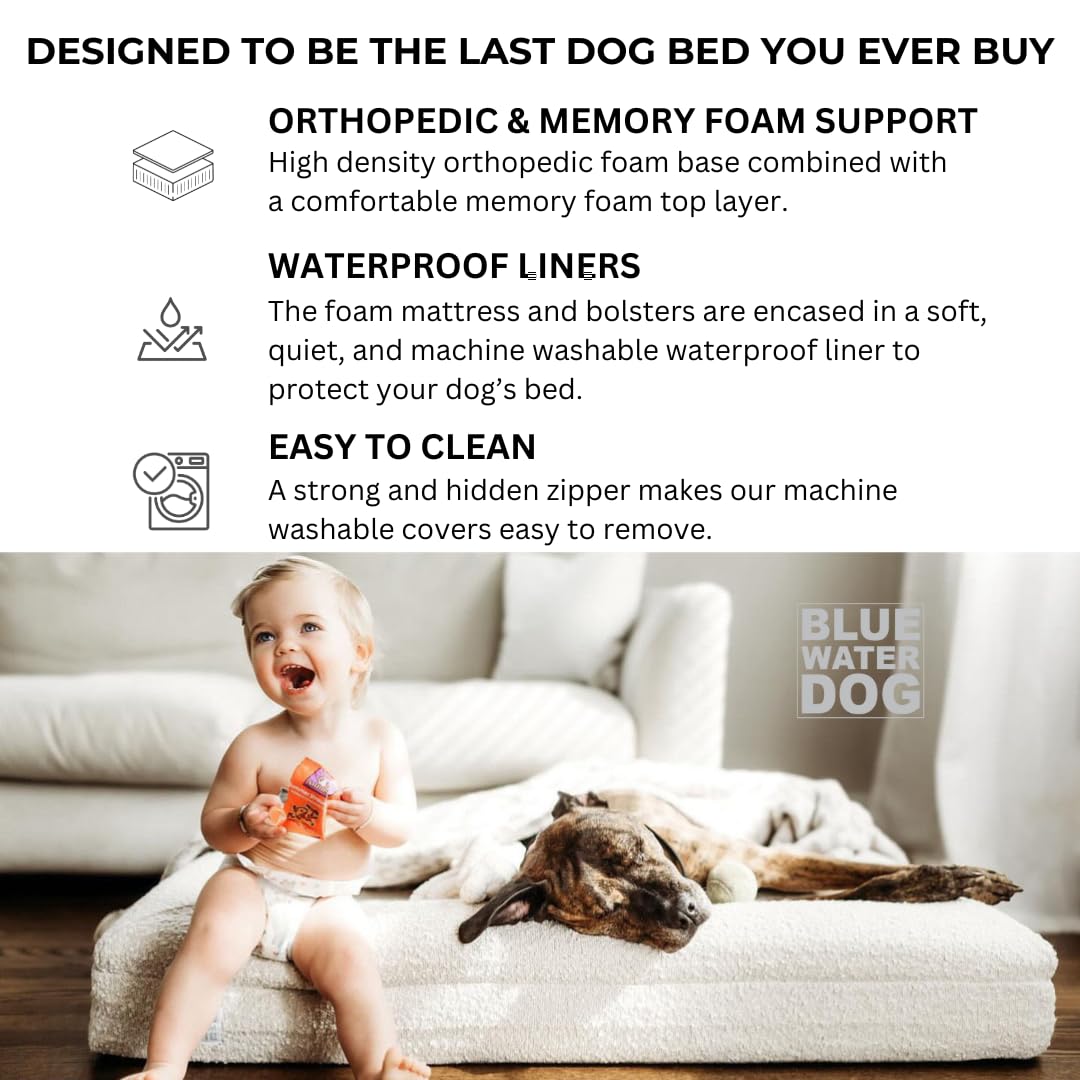 Bluewater Dog Luxury Boucle Orthopedic Memory Foam Dog Bed with Waterproof Liner and Machine Washable Cover with YKK Zippers (Large, 45" L x 36" W x 7" Th, Sand)