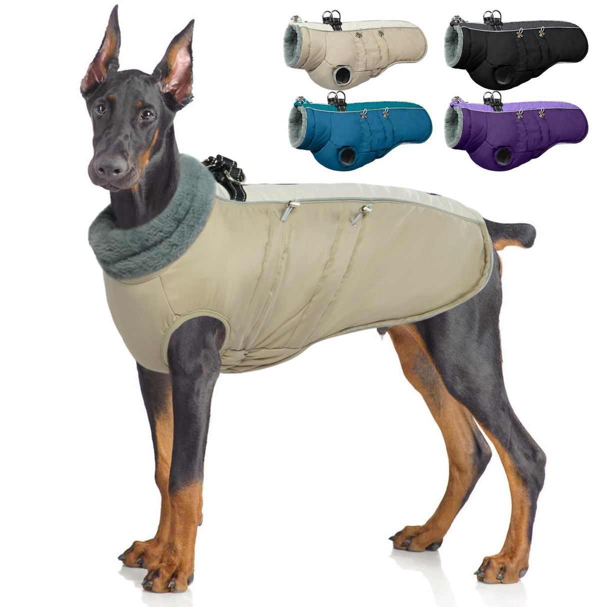 IDOMIK Warm Dog Coat with Harness, Waterproof Reflective Dog Jackets for Small Medium Large Dogs, Fleece High Collar Winter Jacket with Zipper, Pet Winter Snowsuit Clothes for Cold Weather,Khaki XL
