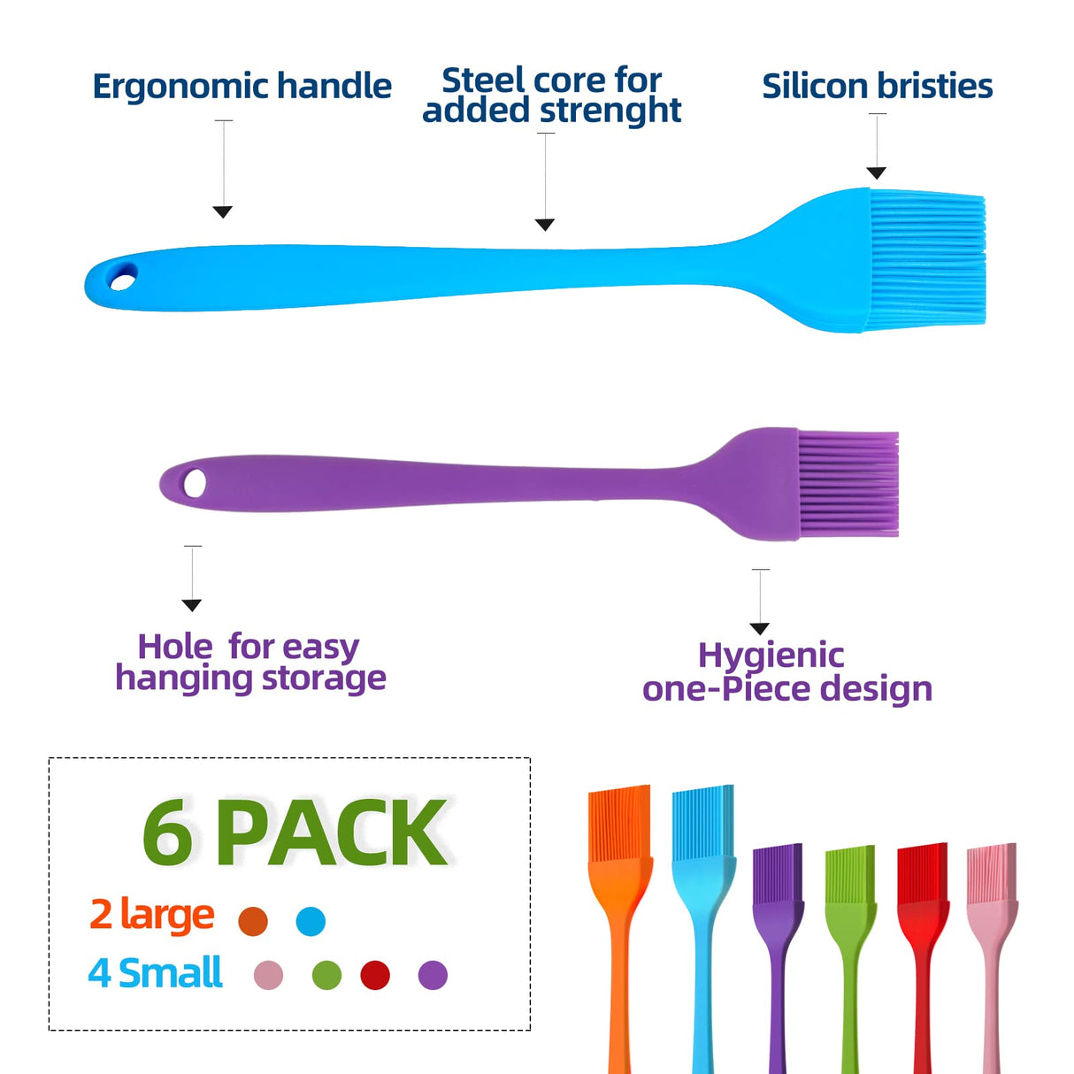 6 PCS Silicone Basting Brush, Upgrade Pastry Brush,Heat Resistant Silicone Brushes, Premium Cooking Brush for Sauce Marinade Meat Glazing, Oil Brush for BBQ Kitchen Cooking Baking and Grilling