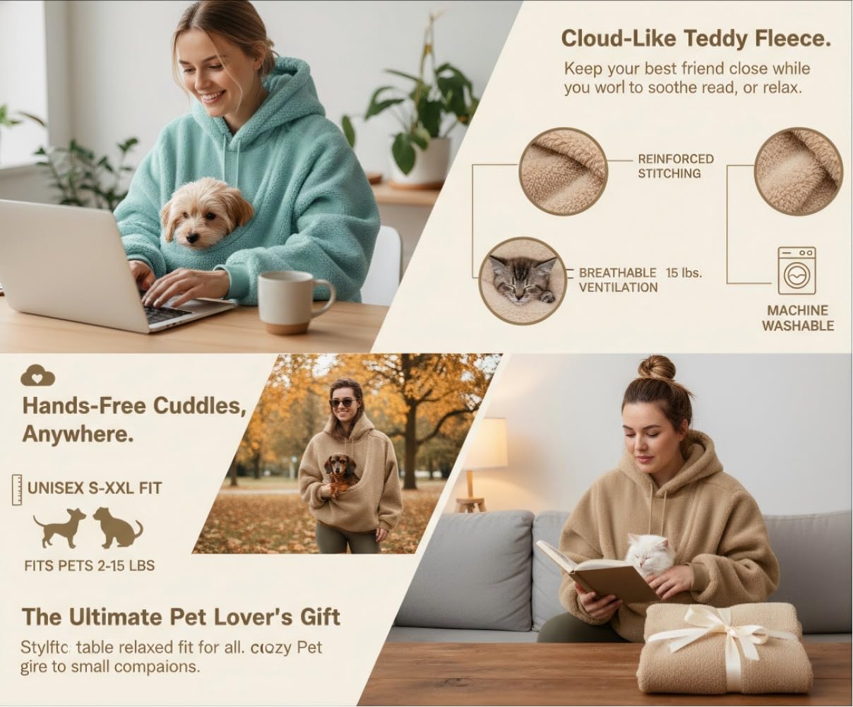 Pet Sling Hoodie Teddy Fleece Ultra-Soft Warm Pet Hoodie Carrier for Cats & Small Dogs 2-15 Lbs, Unisex Fit (Brown,L)