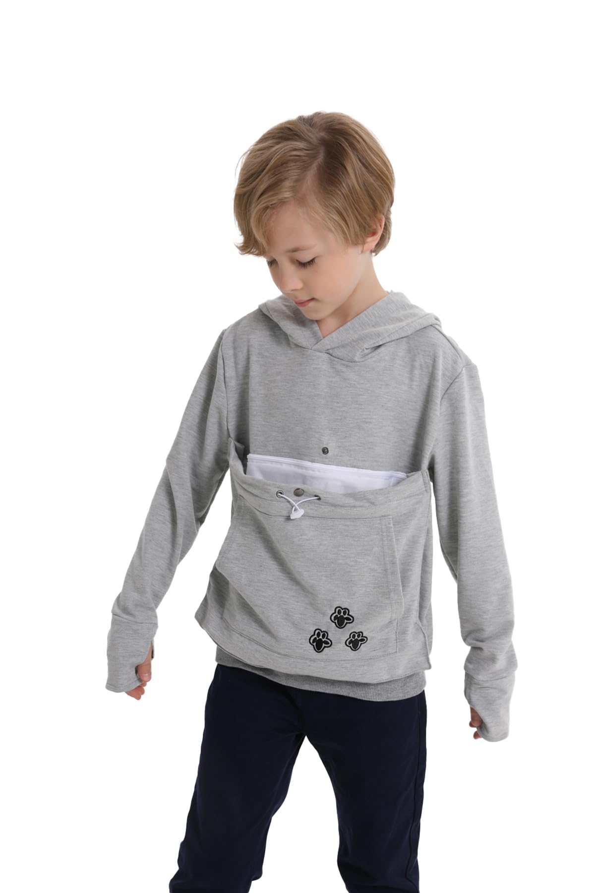 Boys Girls Cat Pouch Hoodie - Kitten Puppy Carrier Holder Sweatshirt Long Sleeve Cat Ear Pullover Tops Grey