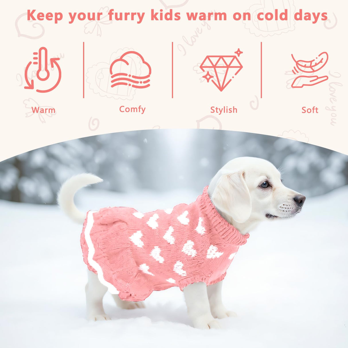 LIEVUIKEN Dog Sweater, Knitted Heart Pattern Puppy Sweaters for Small Medium Large Dogs, Girl Boy Winter Warm Soft Pet Clothes, Christmas Holiday New Year Pet Outfit Dog Apparel(Pink Hem, L)