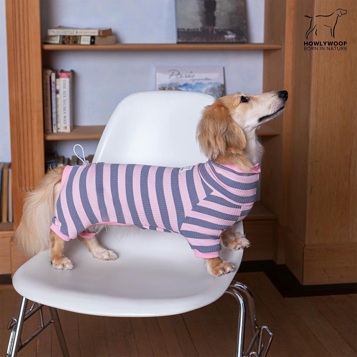 HowlyWoof Dachshund Dog Shirt, Thin Striped Base Layer Onesie for Wiener Dogs, Lightweight All-Season Wear, Soft & Comfy Fit for Doxie and Short-Leg Breeds (Pink&Grey, Size 1 (7-11lbs))