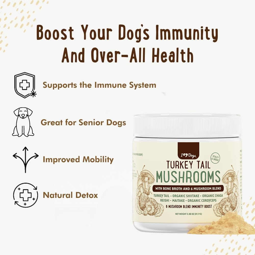 iHeartDogs Turkey Tail Mushroom for Dogs for Lumps, Bumps & Lipomas with Bone Broth and 6 Mushroom Blend Powder