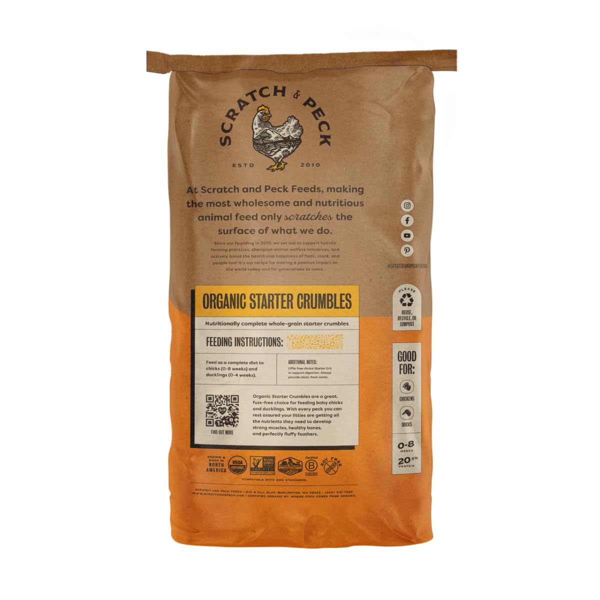 Scratch and Peck Feeds Whole Grain Starter Crumbles Chicken and Duck Feed - 25 lbs Bag - Corn-Free and Soy-Free - 20.5% Protein, Certified Organic and Non-GMO Project Verified Chicken Food