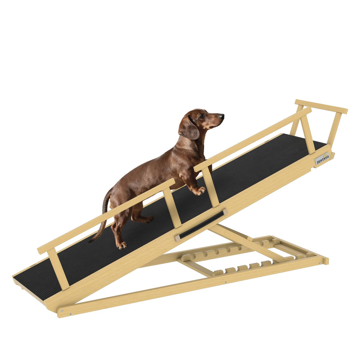 ZENTAVO Dog Ramp for Bed - 7-Level Adjustable (13"-37") Birchwood Dog Ramp for High Bed, Couch, 60" Foldable with Rails for Large Dogs, Non-Slip EVA Mat, DIY Glow Strips, Wooden Ramp Support 200 Lbs