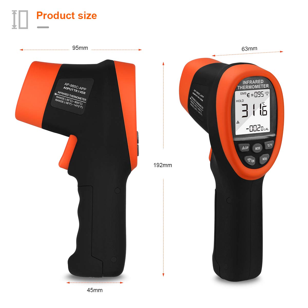 Infrared Thermometer with Bluetooth AP-985C-APP Range from -58β~1472β(-50βο½800β),16:1Laser Temperature Measure Gun, Data Record, Adjustable Emissivity for Forge Cooking