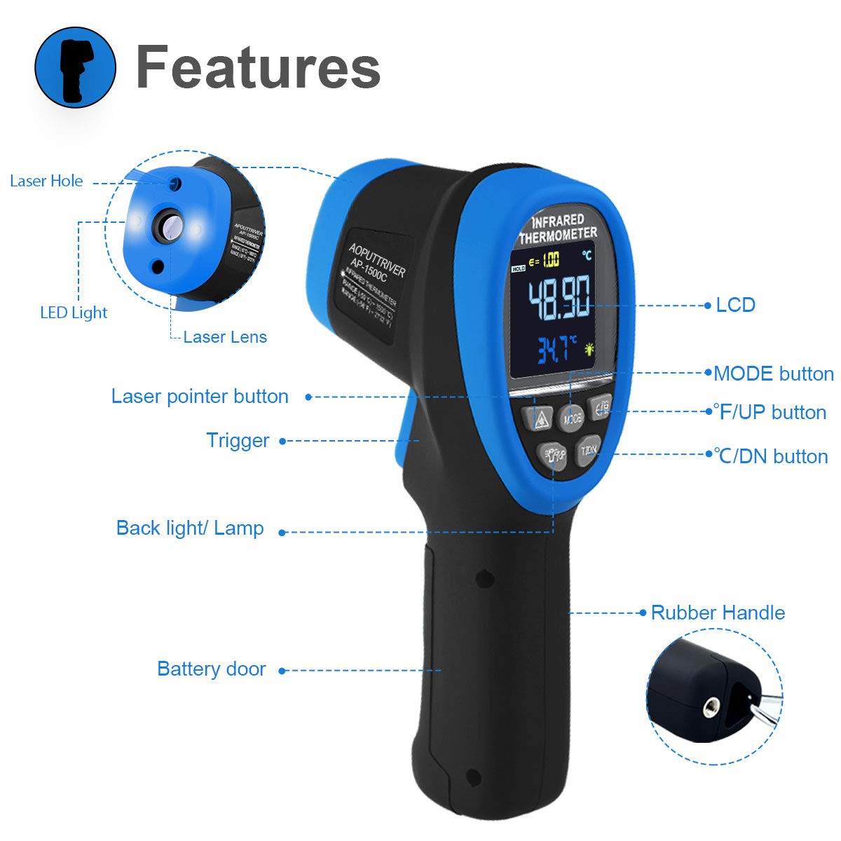 Infrared Thermometer AP-1500C Color LCD High Temp Thermometer Pyrometer IR Temperature Gun -58℉- 2732℉ (-50℃ to 1500℃),30:1 Distance Spot Ratio,Dual Laser and Flashlight(NOT for Human)