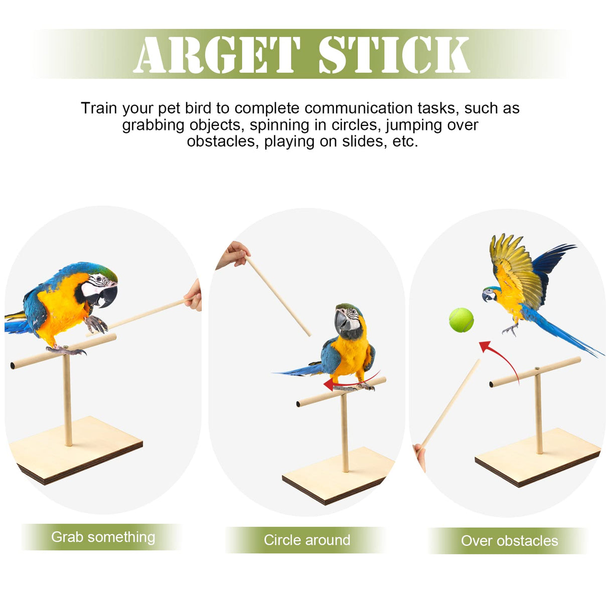 Cunno 3 Pcs Bird Training Stand Kit, Parrot Training Clicker Portable Tabletop Bird Perch and Target Stick, Wooden Spin Perch Clickers with Wrist Strap for Parakeet Conure Lovebird Cockatiel