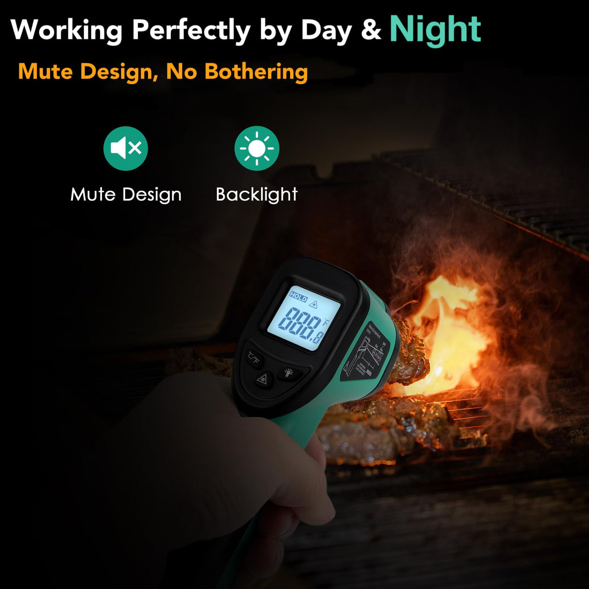 Infrared Thermometer Gun for Cooking, -58β~1022β, Digital Laser Temperature Gun for Blackstone Pizza Oven Reptiles, IR thermometer with Carrying Storage Case, Larger Font, LCD Backlit, Green