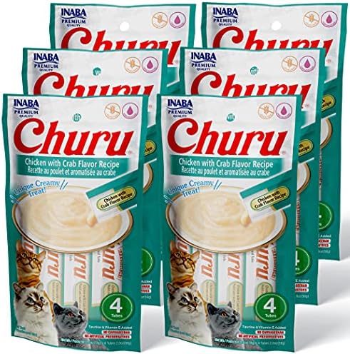 INABA Churu Cat Treats, Grain-Free, Lickable, Squeezable Creamy Purée Cat Treat/Topper with Vitamin E & Taurine, 0.5 Ounces Each Tube, 24 Tubes (4 per Pack), Chicken with Crab Recipe