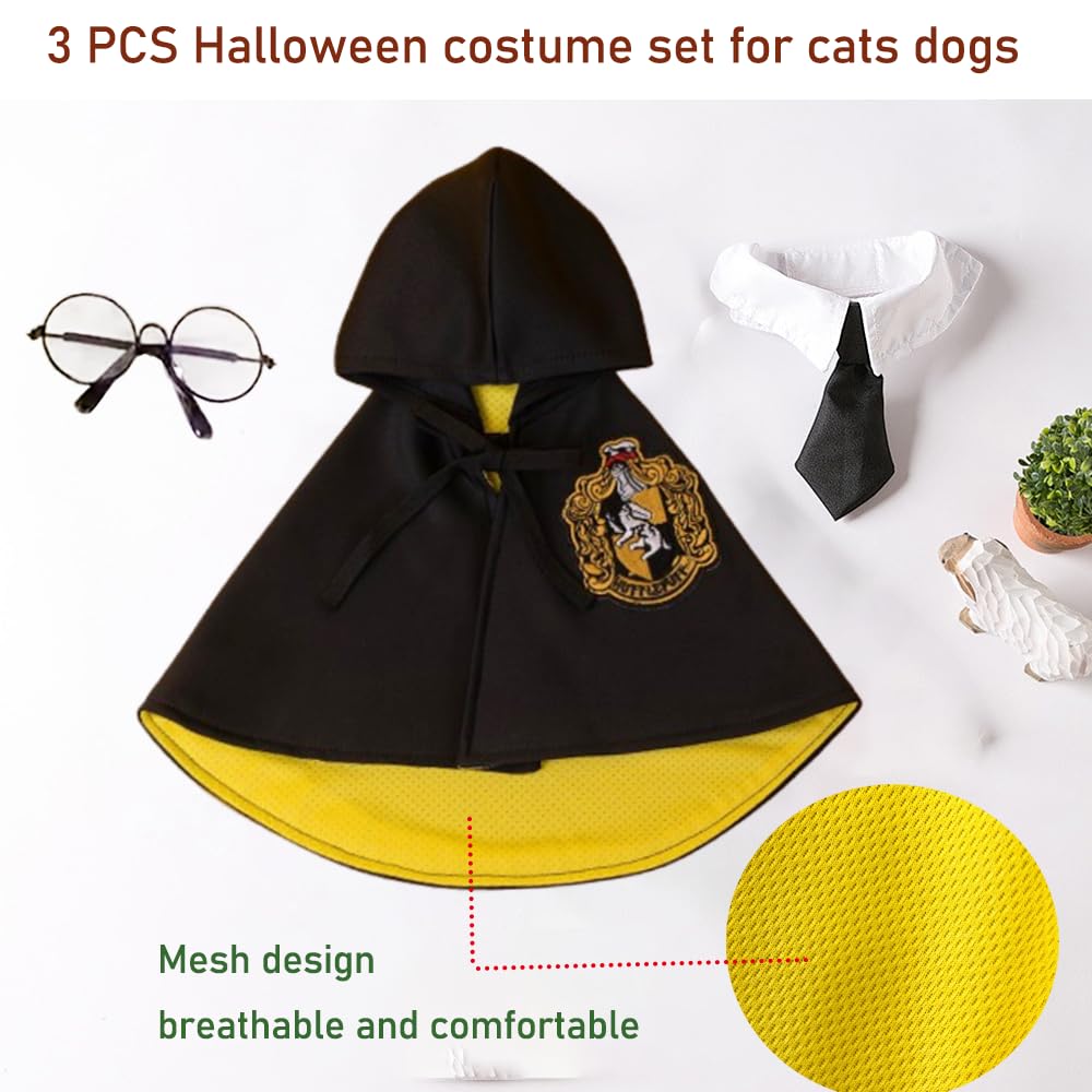 ANIAC 3PCS Halloween Dog Costume Cat Wizard Cape Glasses and Necktie Set Halloween Puppy Outfit Pet Academy Magician Cosplay Apparel for Kitten Cat Small Dogs (Black+Yellow, Medium)