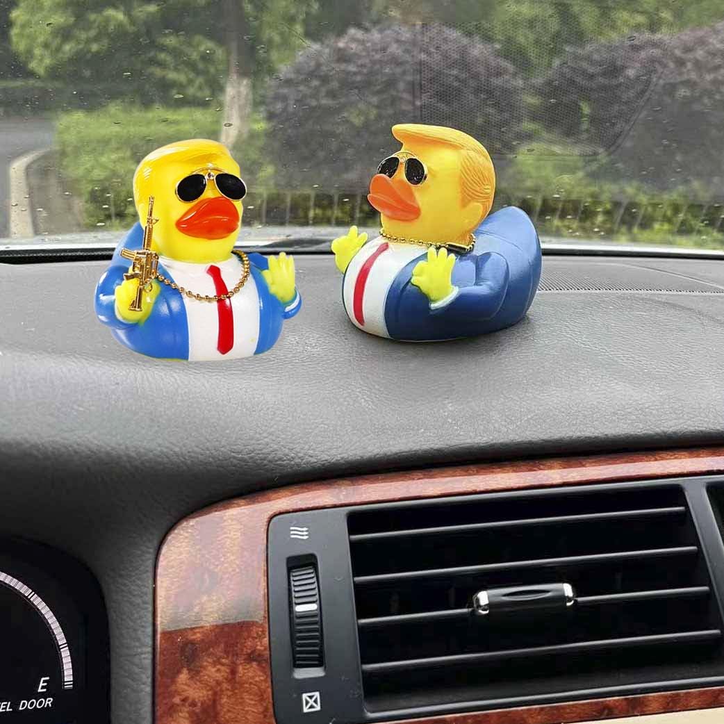 TAOHUAJIANG Rubber Ducks Trump Car Duck Dashboard Decoration Squeak Ducks Toys Car Ornaments Car Décor Accessories with Sunglasses,Defense Accessory and Gold-Plated Necklace (Style F)