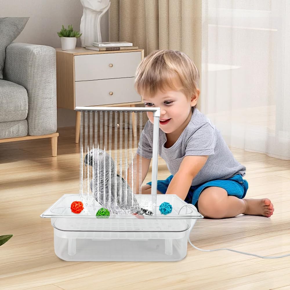 WQY GroceryShop Parrot Bathtub Indoor Automatic Bath Shower with 180 ° Circulating Faucet Contains USB and Power Plug for Medium Birds African Grey Amazon Conure Parakeet Cockatiel Lovebird