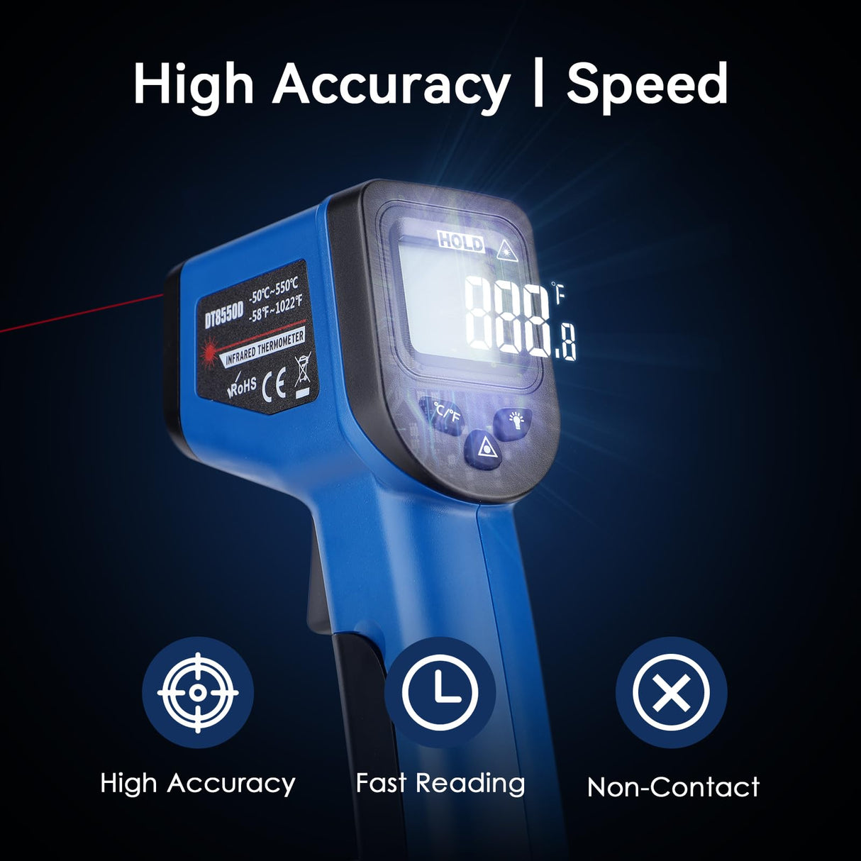 Infrared Thermometer Gun for Cooking, -58β~1022β, Digital Laser Temperature Gun for Deep Frying, Pizza, Blackstone, Reptiles, IR Thermometer with Carrying Storage Case, Larger Font, LCD Backlit, Blue