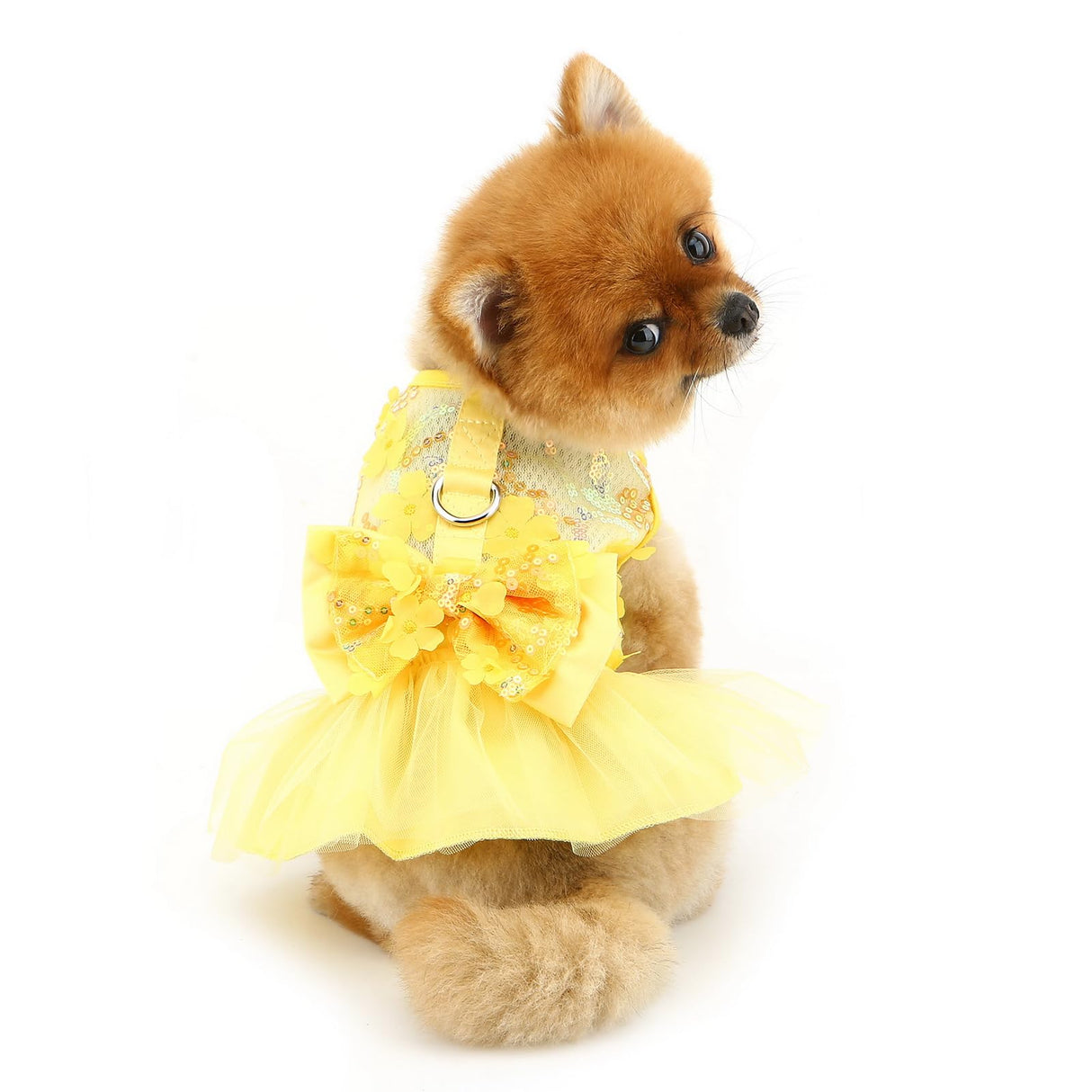 PAIDEFUL Dog Dress,Luxury Bow Princess Tutu Dresses for Girl Dogs Cute Fashion Mesh Pet Skirt with Sequins Flower Cat Puppy Clothes Wedding Party Outfits Chihuahua Apparel Button up D-Ring,Yellow,XL