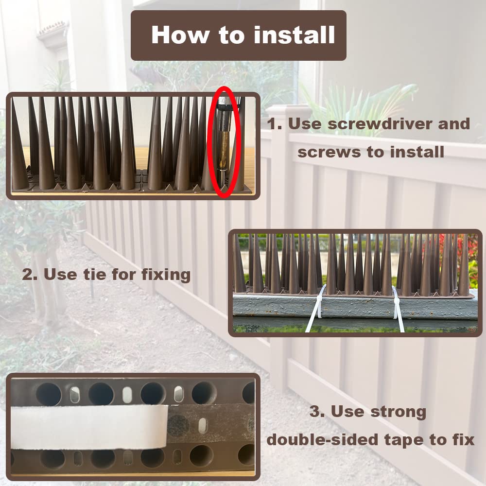 Bird Spikes 4 Inch High,Pigeon Outdoor Deterrent Spikes, Used to Keep Cats Small to Medium Sized Birds Away.Bird Plastic Fence Spikes for Railing and Roof.Away Covers 10.7 Feet(325cm), Brown