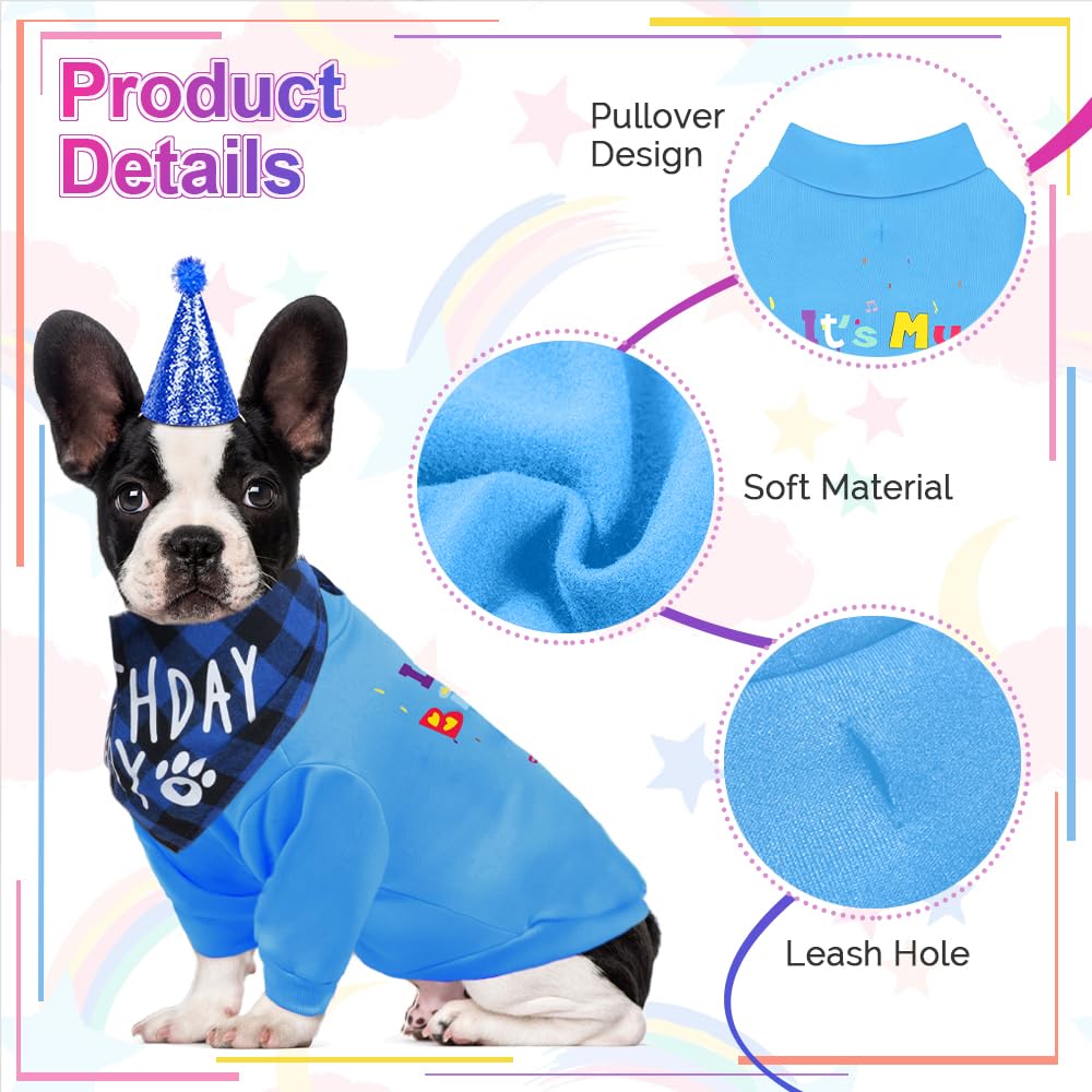 GreenJoy Dog Birthday Party Outfit Decoration Set Supplies - Birthday Bandana, Sweater & Party Hat Gift for Small, Medium & Extra Large Dogs Girl and Boy (Small, Birthday Blue)