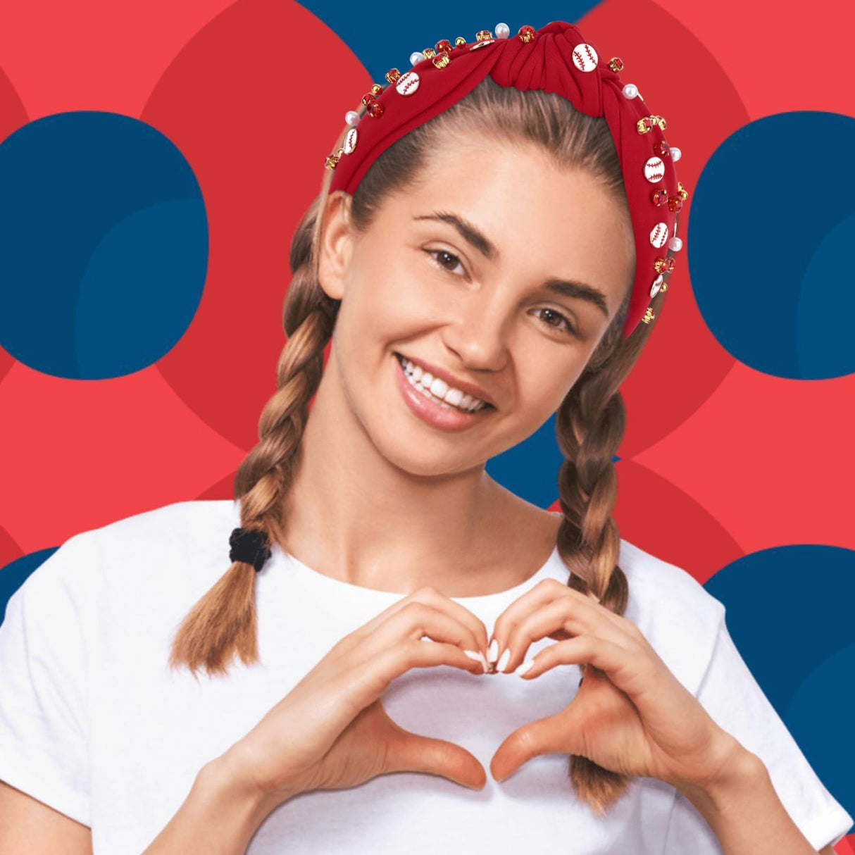 YARIEW Baseball Top Knot Headband for Women & Girls - Wide Knotted Jeweled Accessory for Game Day, Sports Fan, Mom, Halloween & Christmas Gifts (Red)