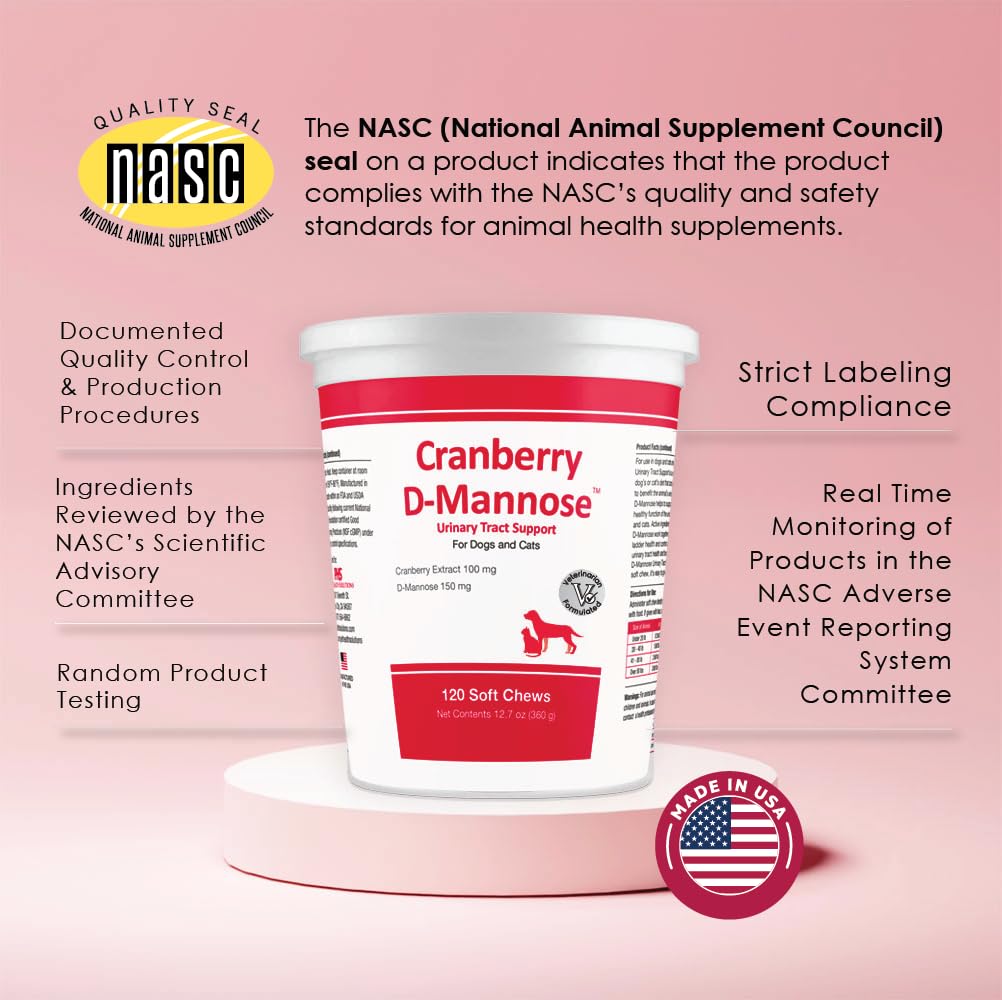 Cranberry D-Mannose Urinary Tract Support Supplement for Cats and Dogs - Cranberry Extract, D-Mannose, Vitamin C - Bladder and UTI Treatment - Made in USA - 120 Soft Chews