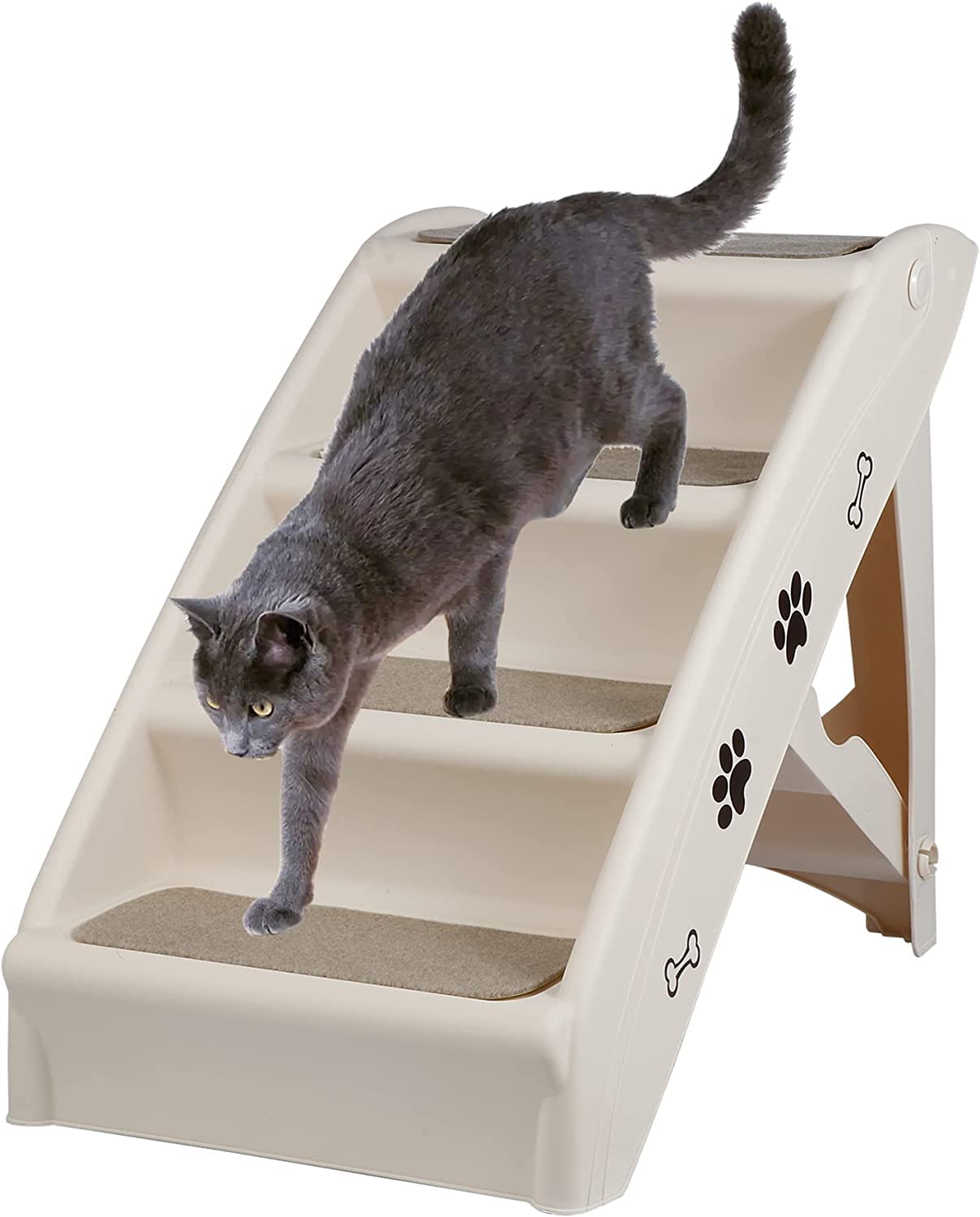 LEMY Non-Slip Foldable Steps Stairs for Dogs and Cats, 4-Step Portable Indoor Outdoor Pet Steps Ramp for Bed, Couch, Car, Tan