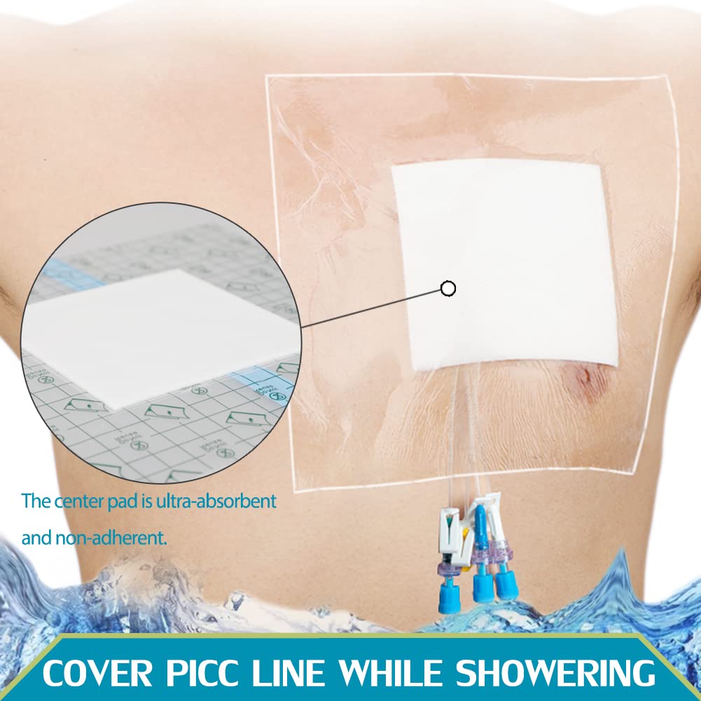 Waterproof Shower Protector Large Cover Shields with Non-Stick Center Pad for PICC Central Line Peritoneal Dialysis Chest Port Feeding Tube PD Catheter Accessories Bandages Women Men 9"x9"(Pack of 25)