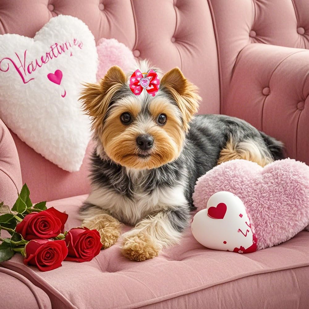 Senniea 60Pcs Dog Bows with Rubber Bands Love Heart Dog Bowknot Hair Bows Red Pink PuppyTopknot Bows for Day Doggie Cat Bunny Yorkie Pet Hair Grooming Accessories (Valentine's Day)