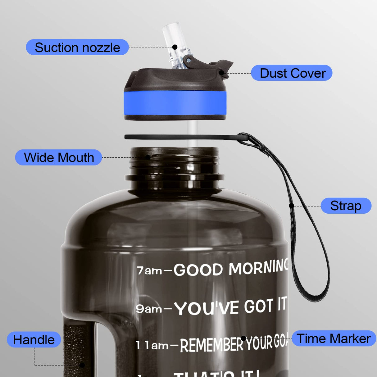 QuiFit Motivational Gallon Water Bottle - with Straw & Time Marker BPA Free Large Reusable Sport Water Jug with Handle for Fitness Outdoor Enthusiasts Leak-Proof(Black,1 gallon)