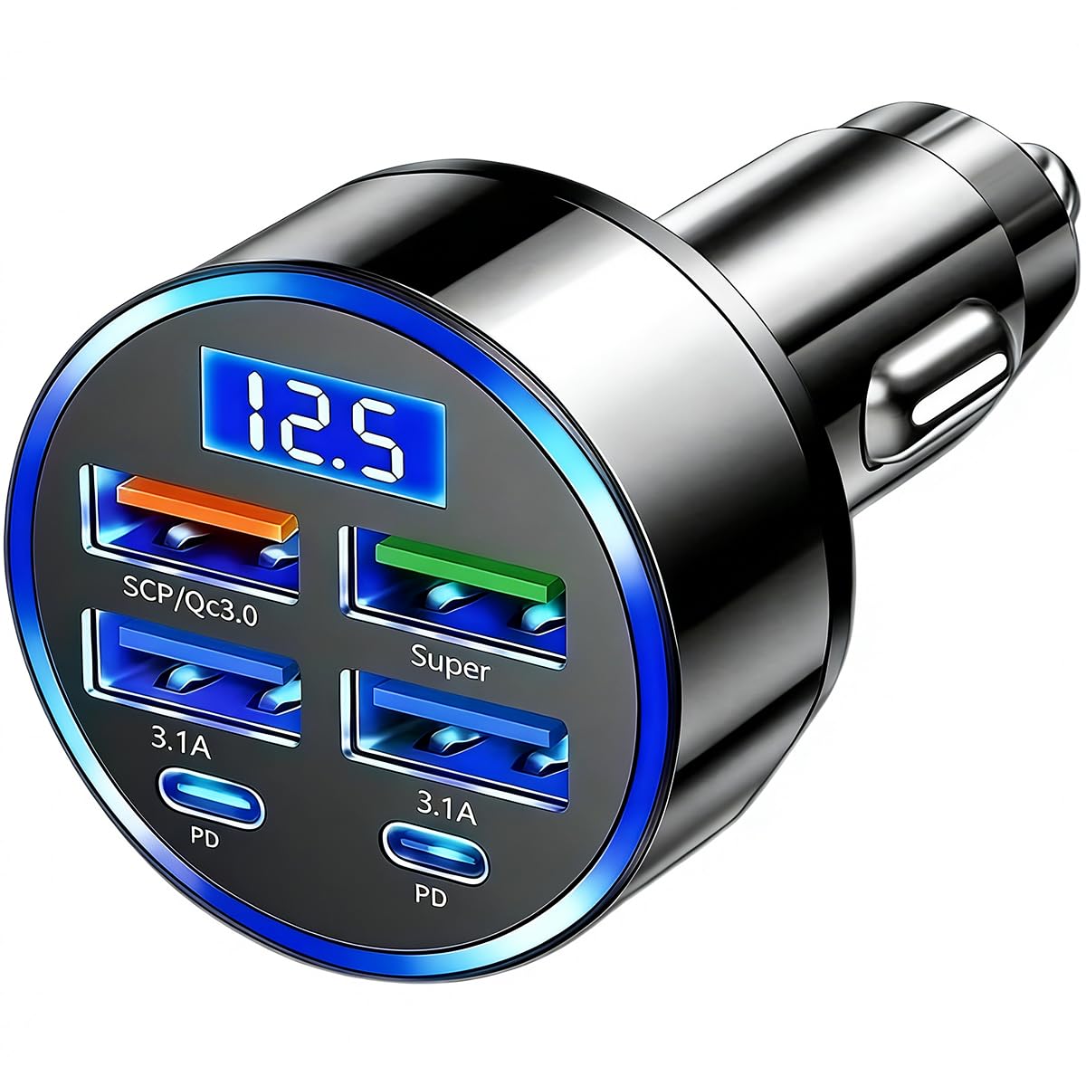 USB C Car Charger Adapter with Voltmeter Compatible with iPhone 16 15 14 13 12 11, Android, Samsung, Super+ QC3.0 6 in 1 Multi-Port Super Fast Charging Cigarette Lighter USB Charger