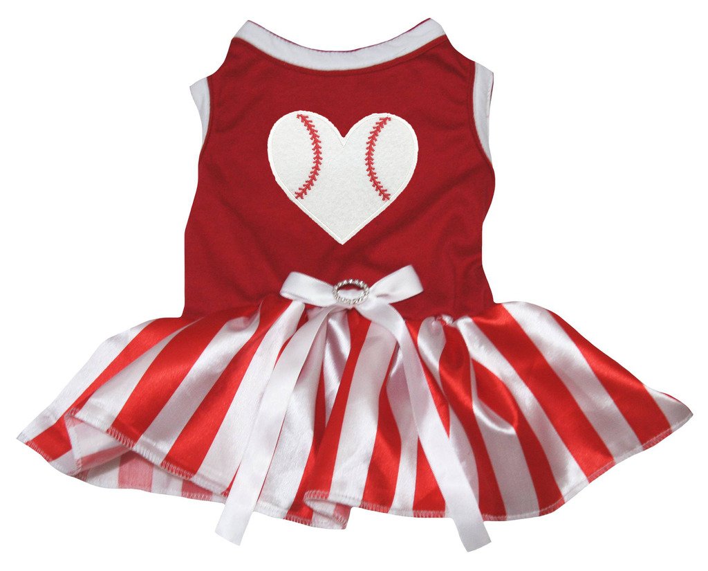 Petitebella Baseball Heart Puppy Dog Dress (Red/Stripes, X-Small)