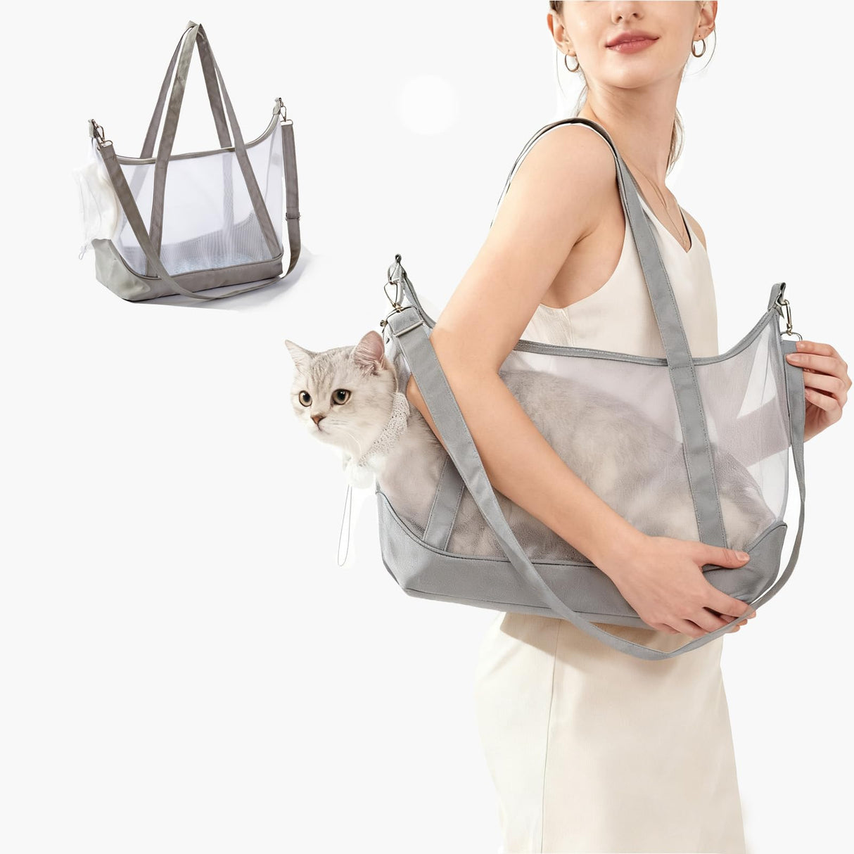 Vinqki Visible Comfort Cat Sling Carrier for Small Cats 3-8lb,Mesh Dog Sling for Small Dogs and Cats-Light & Breathable Cat Carrier Pouch,Soft Puppy Purse with Adjustable Shoulder Strap(Light Gray)
