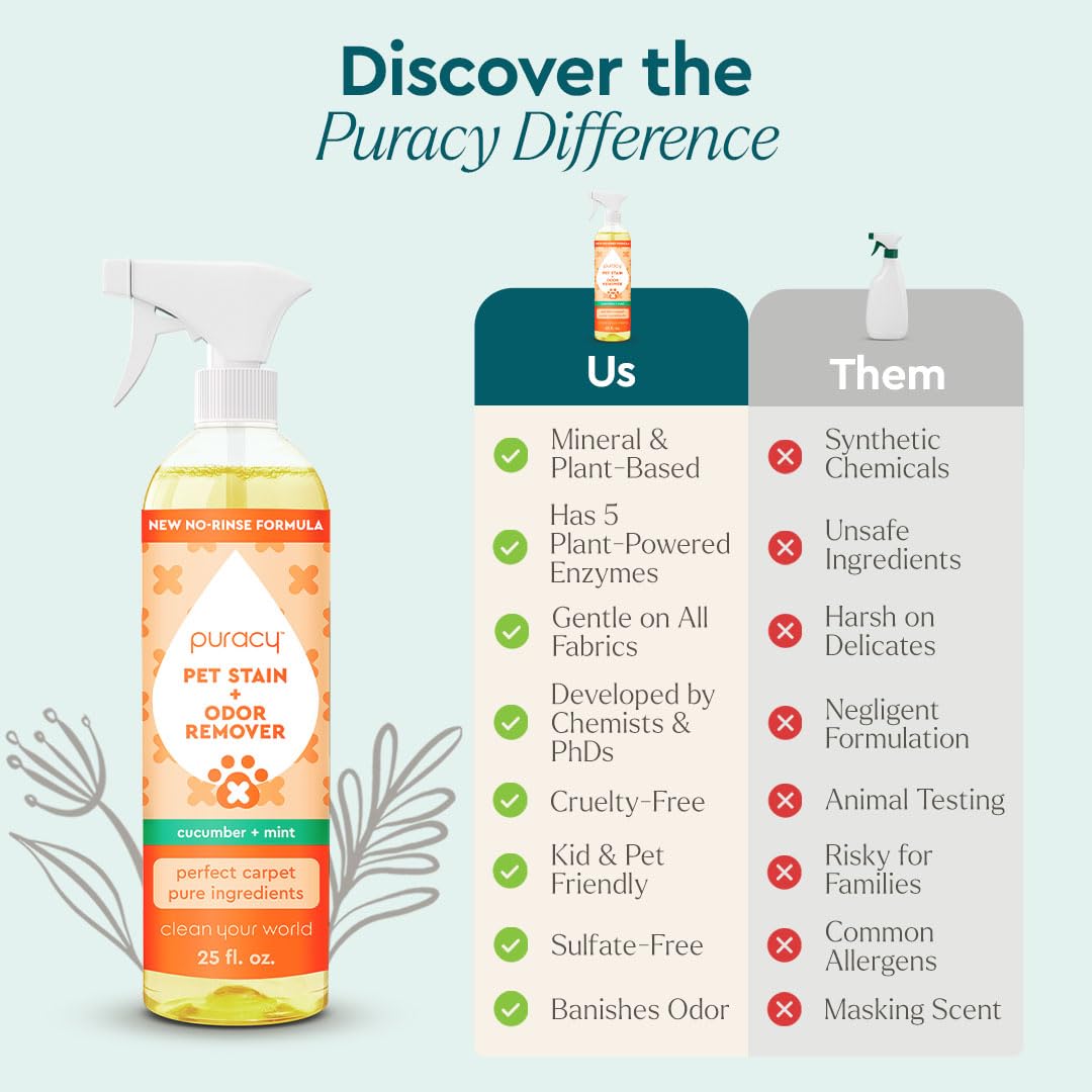 Puracy Natural Platinum Pet Stain and Odor Remover Plant-Powered Professional Pet Urine Odor Eliminator with Natural Enzymes Safe and Effective Carpet Pet Stain Remover and Cleaner, Cucumber & Mint