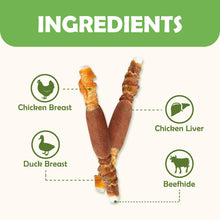 Load image into Gallery viewer, MON2SUN Dog Treats, Triple Flavor 5 Inch Chicken Liver Duck and Chicken Wrapped Rawhide Snacks for Small and Medium Dogs, 21.16 Oz (30 Count-Pack of 1)