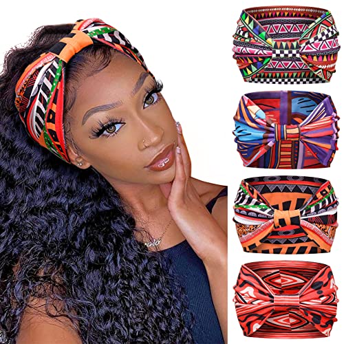 Huachi Wide Headbands for Women Boho Workout Head Bands for Women’s Hair African Knotted Non Slip Headwrap Turban Sport Yoga Girls Bandeau Hair Accessories (Pack of 4)