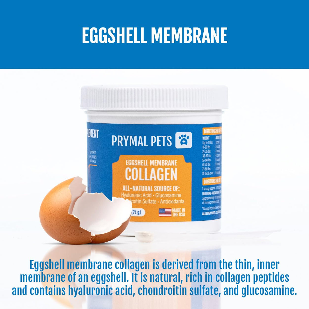 Eggshell Membrane Collagen for Dogs - Non-Gelatin and Non-Bone Marrow Based, All Natural Premium Dog Collagen Powder from Eggshell Membranes: Supports Pet Hips, Joints, Nails, Fur and Digestion.