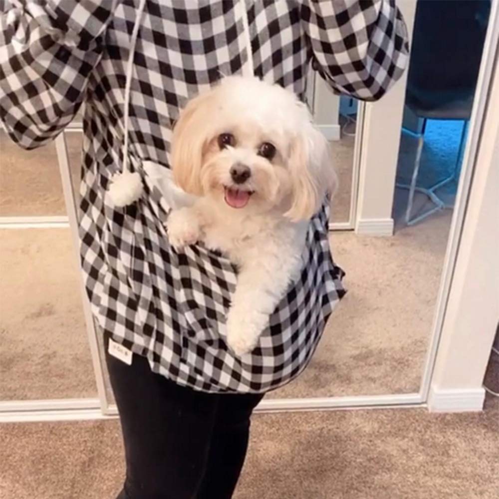 Pet Pouch Hoodie - Cat Dog Holder Sweatshirt Large Pocket Carrier Pullover Tops for Women (Black+White, Large)