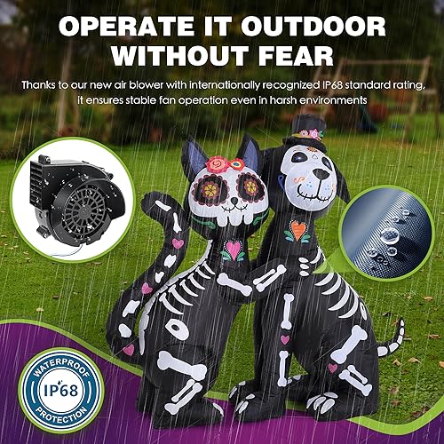 Funflatable 6 FT Halloween Inflatables Skeleton Black Cat and Dog Day of The Dead Outdoor Decorations, Inflatable Halloween Blow Up Yard Decorations with Built-in LED Lights for Yard Lawn Garden Decor