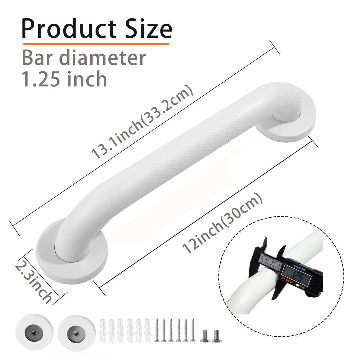 Rackickyer Shower Grab Bar, 2 Pack 12 Inch White Bathroom Grab Bar, 1.25" Diameter 304 Stainless Steel Anti-Slip Grab Bars for Bathtubs and Showers, Handicap Shower Grab Bar for Seniors Elderly
