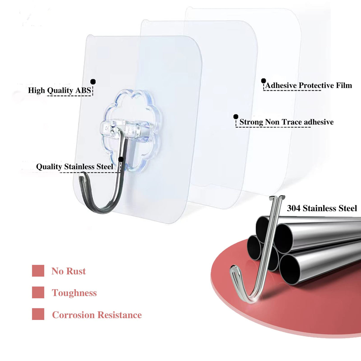 Adhesive Wall Hooks for Hanging Heavy Duty 50 lbs Large Hooks for Walls No Damage, Towel Sticky Clear Hook, Waterproof, Home, Bathroom, Kitchen, Office, and Outdoor 10 Pack