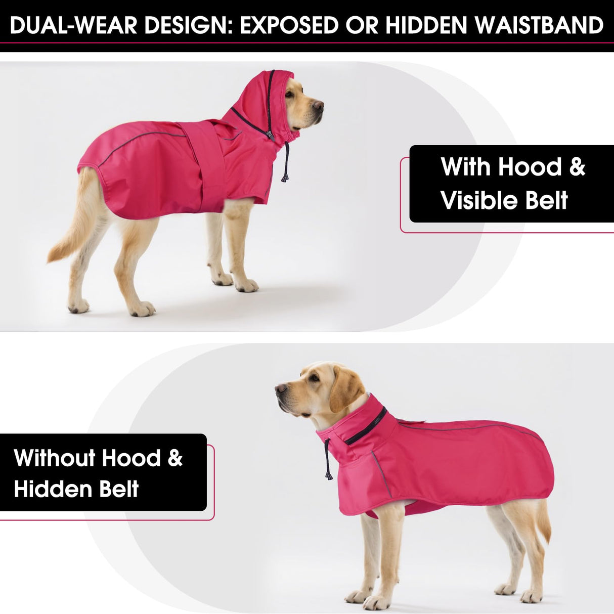 OUOBOB Dog Raincoat for Medium Dogs, Waterproof Adjustable Dog Rain Jacket with Hood, Leash Hole, Lightweight Reflective Poncho for Rain, Snow, Windy Weather & Outdoor Walks, Camping, Hiking - Pink M