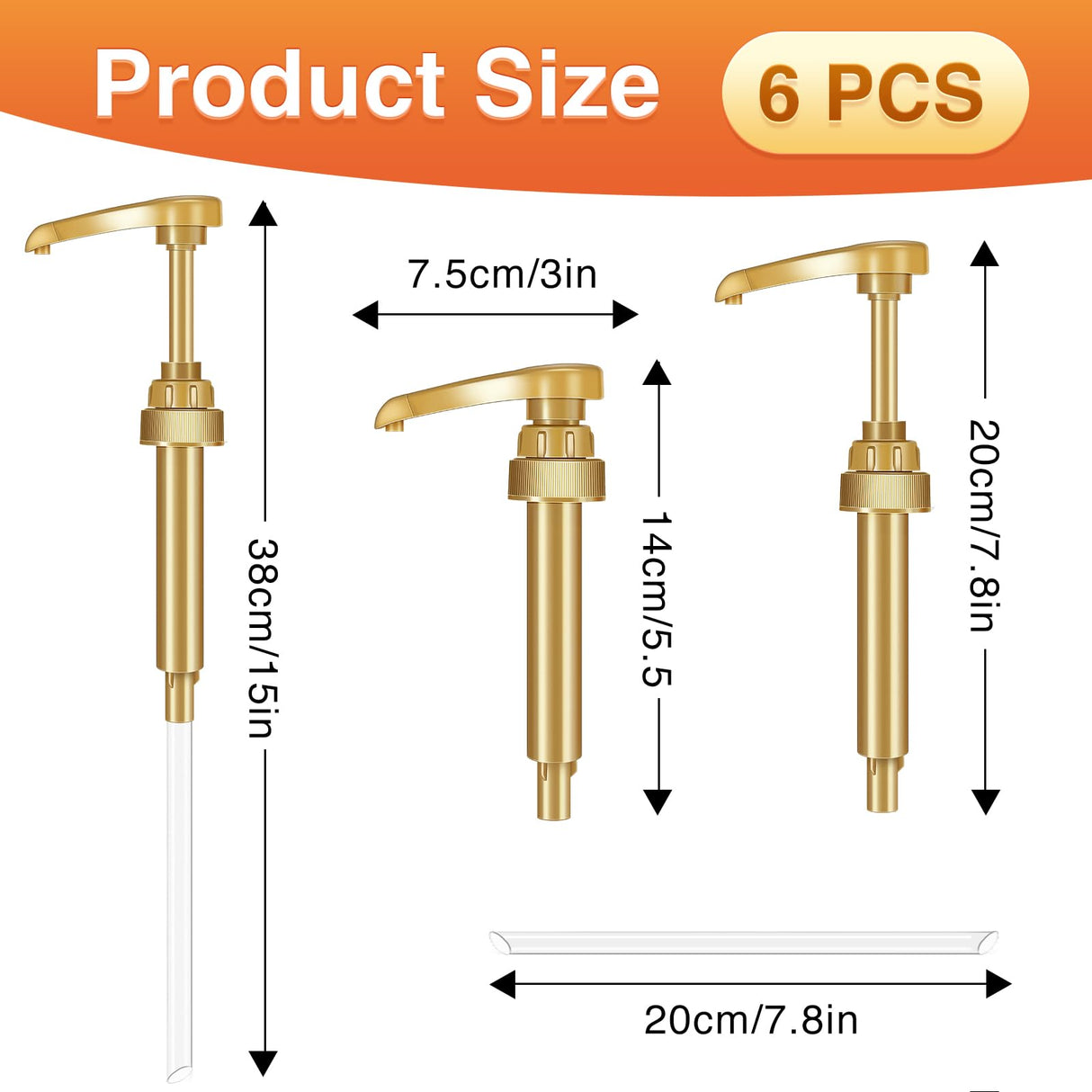 Coffee Syrup Pumps, 6 Pack Gold Syrup Pump, Skinny Syrup Pump for 750ml 25.4oz Syrup Bottle, Syrup Pump Dispenser for Kitchen Dinning Coffee Bar Drinking Mixes,Davinci,Jordans