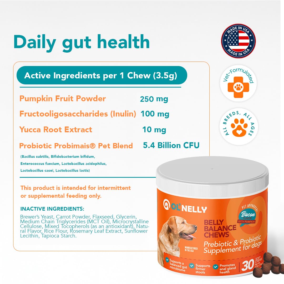Ol'Nelly Pre & Probiotics for Dogs- 30 Soft Chews (Bacon) - Daily Dog Probiotics for Digestive & Gut Health - Diarrhea, Gas & Constipation Relief -All Ages and Breeds - Probioticos Perros Chewable