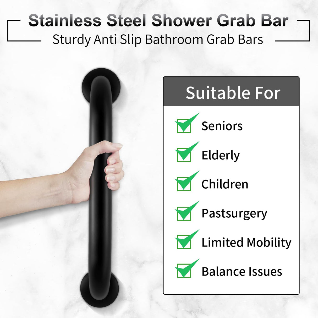 2 Pack Shower Grab Bar, Stainless Steel Bathroom Grab Bar, Shower Handle, Bath Handle, Grab Bars for Handicap Elderly Seniors Bathroom Safety Grab Bar (18 Inch,Black)
