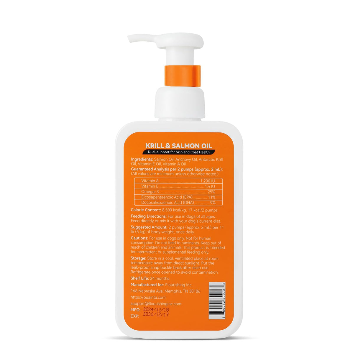 PUAINTA Krill and Salmon Oil for Dogs & Cats for Healthy Skin and Coat, 25% Max Omega 3 for Dog Fish Oil Supplement with EPA & DHA, Vitamin A, E for Dry Skin, Itchy & Allergy Skin Relief -8 oz, Liquid
