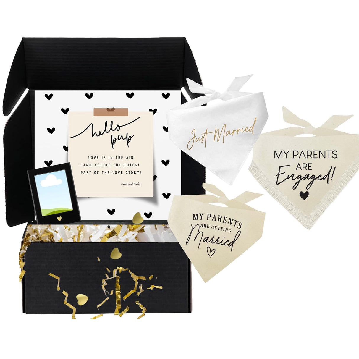 Dog Bridal, Wedding Gift Box – 3 Cotton Bandanas (My Parents are Getting Married, Just Married, My Parents are Engaged!) & Magnetic Photo Frame 2.5" x3,5|Natural, Trim 1 (1296)