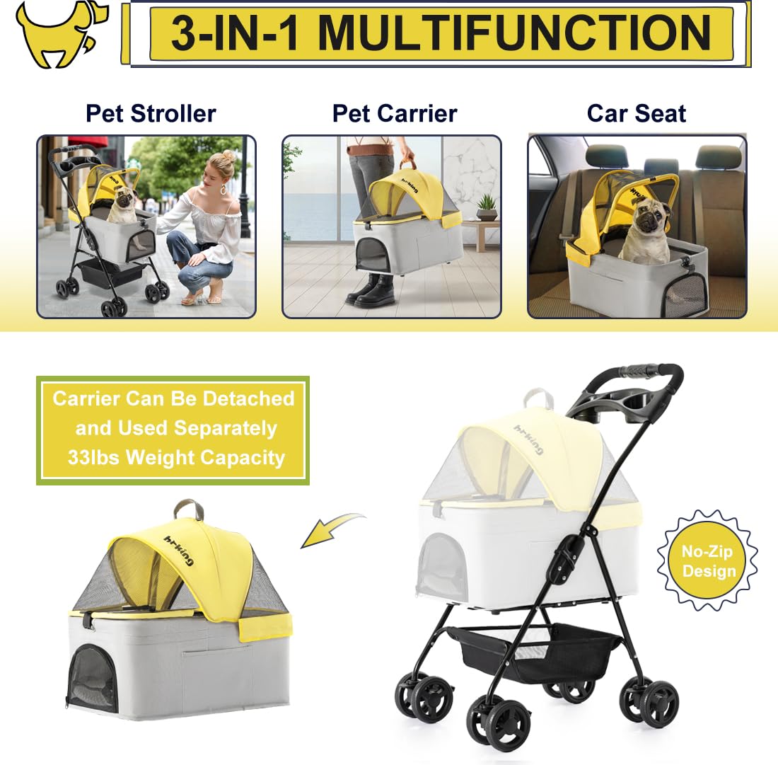 LPOTIUS 3-in-1 Pet Stroller for Small Dogs and Cats, Folding Lightweight Dog Stroller with Detachable Carrier Portable Cat Puppy Jogging Stroller with Cup Holder and Storage Basket, 4 Wheels