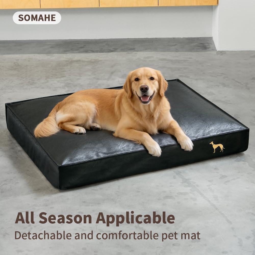 SOMAHE Dog Bed Medium Size Dog Orthopedic Beds for Small Dogs with Removable Washable PU Leather Cover Waterproof Black 35.4×27.5×4inch