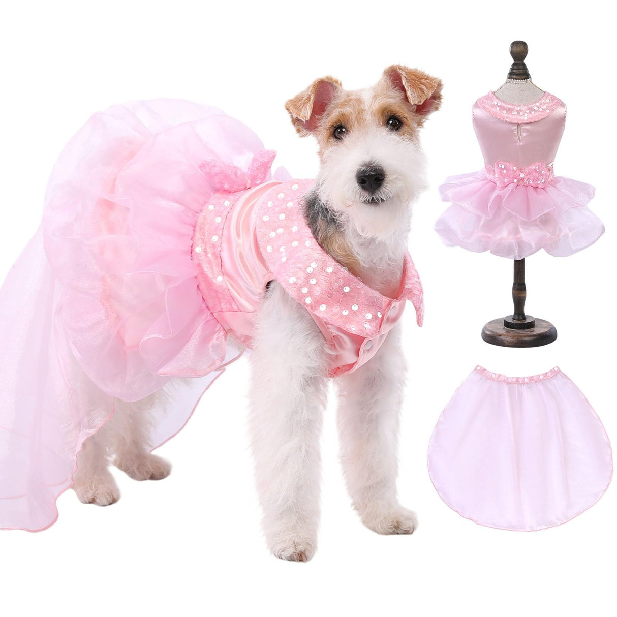 ASENKU Dog Dress, Dog Wedding Dress Skirt with Detachable Hemline, Princess Lace Puppy Christmas Birthday Party Outfit Formal Costume with Sequins Bow for Small Dogs (Pink, X-Small)